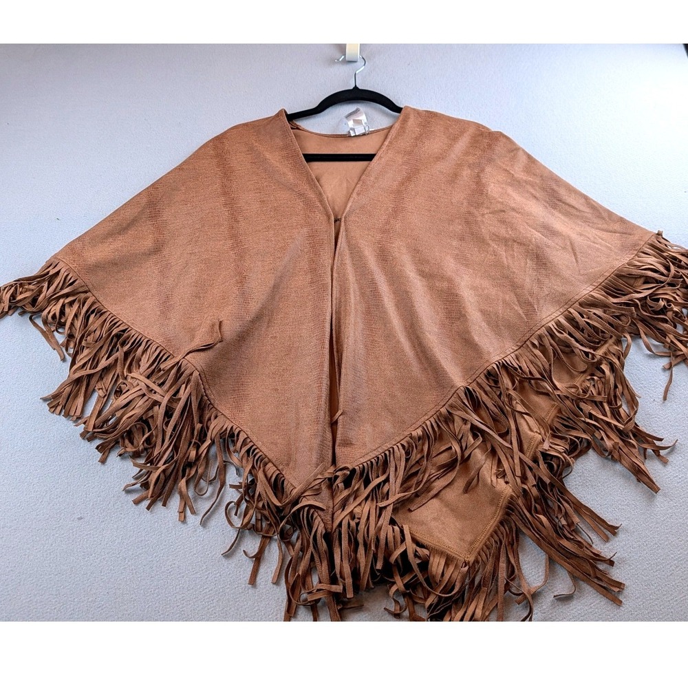Chico's Faux Suede Snakeskin Embossed Fringe Poncho Tan Brown One Size NEW